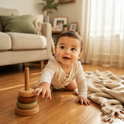 Playful Baby Crawling in Sunlit Living Room