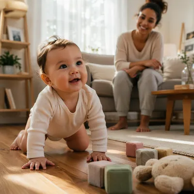 Playful Baby Crawling in Sunlit Living Room
