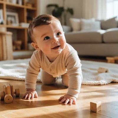 Playful Baby Crawling on Sunlit Floor