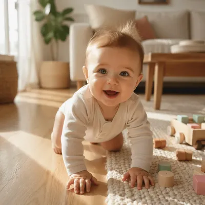 Playful Baby Crawling on Sunlit Floor