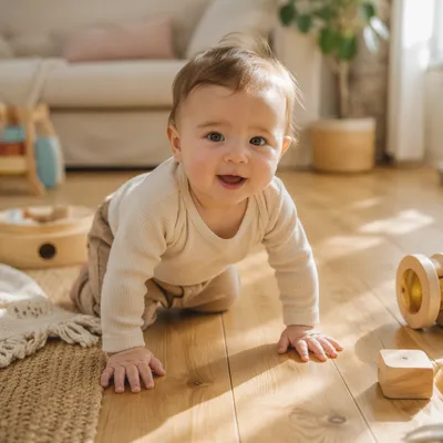 Playful Baby Crawling on Sunlit Floor