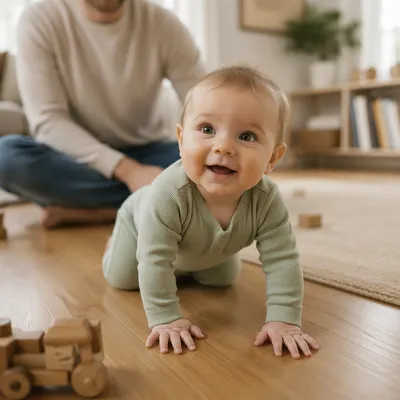 Playful Baby Crawling on Sunlit Floor