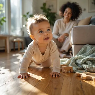 Playful Baby Crawling on Sunlit Floor