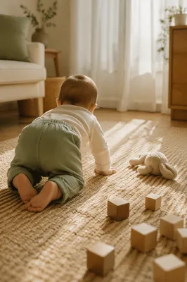 Playful Baby Crawling in Cozy Living Room