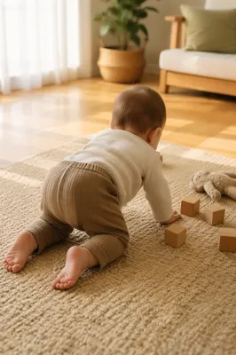 Playful Baby Crawling in Cozy Living Room
