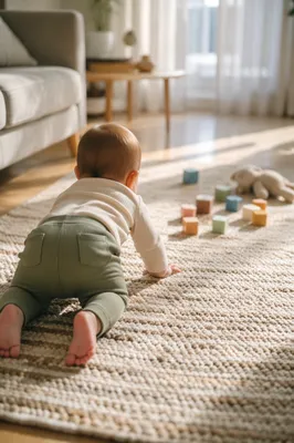 Playful Baby Crawling in Sunlit Living Room