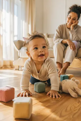 Playful Baby Crawling in Sunlit Living Room