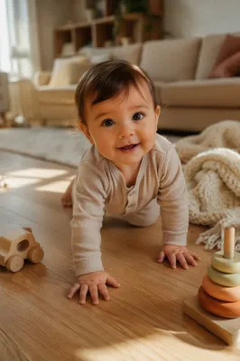 Playful Baby Crawling on Sunlit Floor