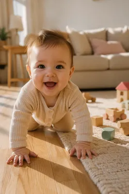 Playful Baby Crawling on Sunlit Floor