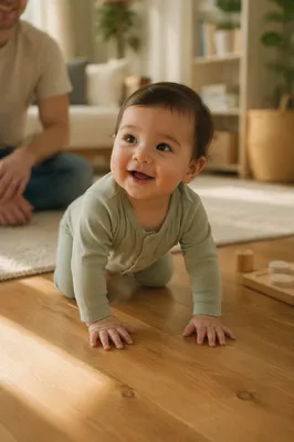 Playful Baby Crawling on Sunlit Floor