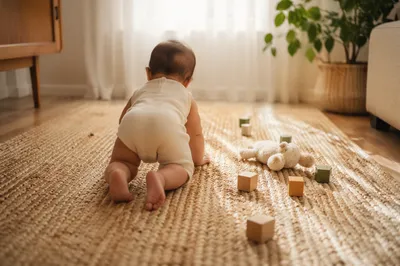 Playful Baby Crawling in Cozy Living Room