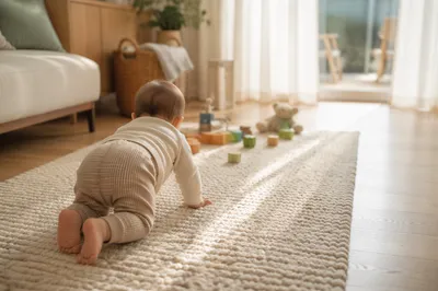 Playful Baby Crawling in Sunlit Living Room