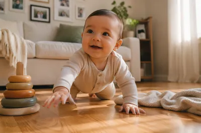 Playful Baby Crawling on Sunlit Floor