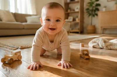 Playful Baby Crawling on Sunlit Floor