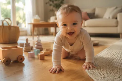 Playful Baby Crawling on Sunlit Floor