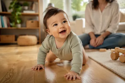 Playful Baby Crawling on Sunlit Floor
