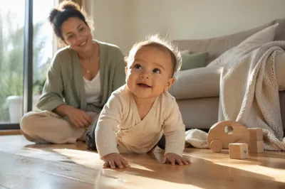 Playful Baby Crawling on Sunlit Floor
