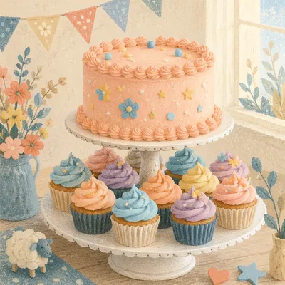 Pastel Baby Shower Cake and Cupcakes