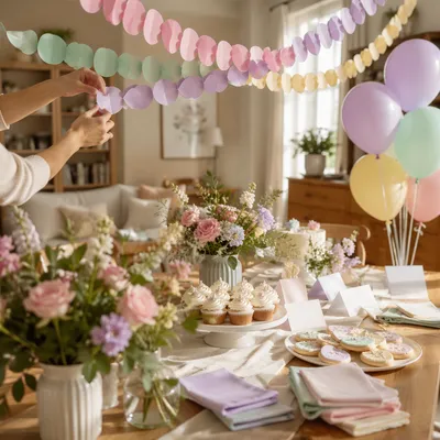 Pastel Baby Shower Decorations in Sunlit Living Room