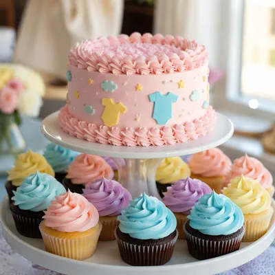 Pastel Baby Shower Cake and Cupcakes