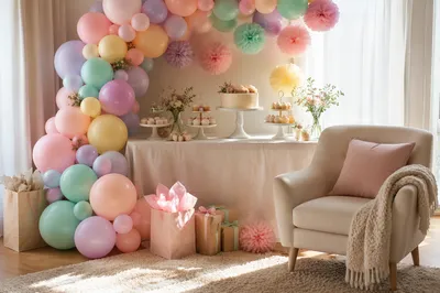 Pastel Baby Shower Decorations in Living Room