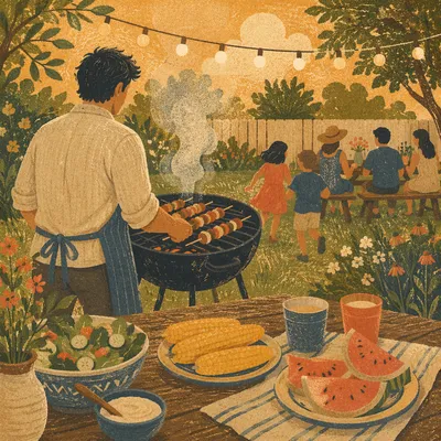 Summer Backyard Barbecue Family Gathering Scene