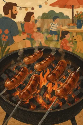 Family Barbecue Sausages Over Backyard Fire Pit
