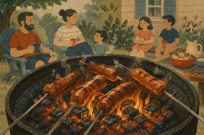 Family Barbecue Sausages Over Backyard Fire Pit