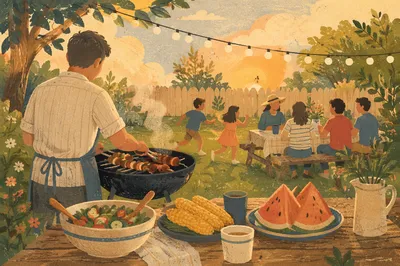 Summer Backyard Barbecue Family Gathering Scene