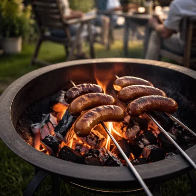 Sausages Roasting Over Backyard Fire Pit