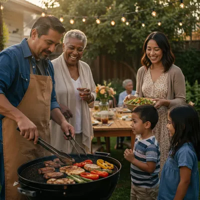 Family Gathering Around Backyard Barbecue Grill