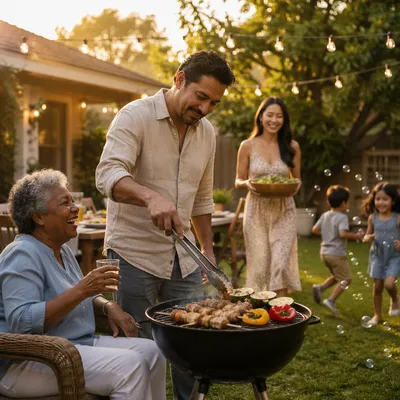 Family Barbecue Gathering in Summer Backyard