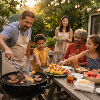 Family Backyard Barbecue at Golden Hour