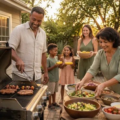 Family Backyard Barbecue at Golden Hour