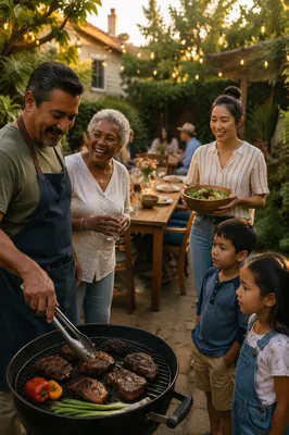 Multigenerational Family Backyard Barbecue at Sunset