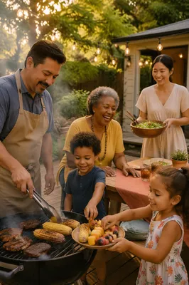 Family Backyard Barbecue at Golden Hour