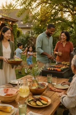Family Barbecue Gathering in Summer Backyard