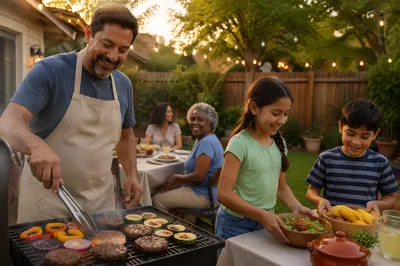 Family Backyard Barbecue at Golden Hour