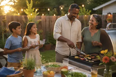 Family Barbecue on Backyard Patio at Sunset