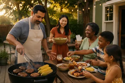 Family Backyard Barbecue on Summer Patio