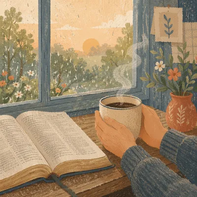 Morning Bible Devotion by Rainy Window