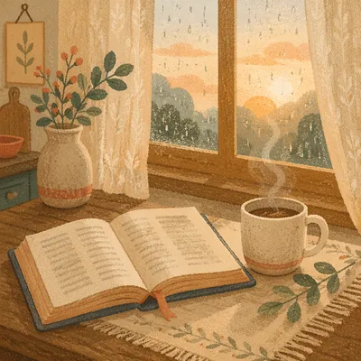 Morning Bible and Coffee by Rainy Window