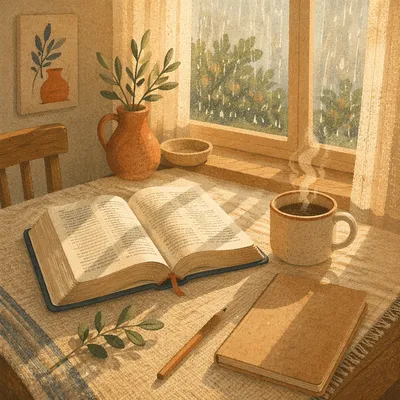 Morning Bible and Coffee by Rainy Window