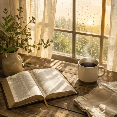 Morning Bible Devotion by Rainy Window