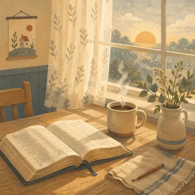 Morning Bible and Coffee by Rainy Window