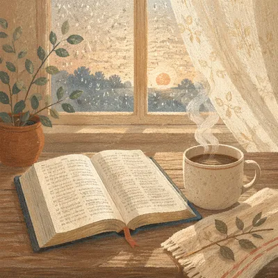 Morning Bible and Coffee by Rainy Window