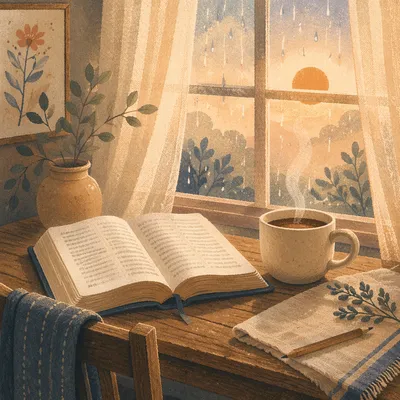 Morning Bible and Coffee by Rainy Window
