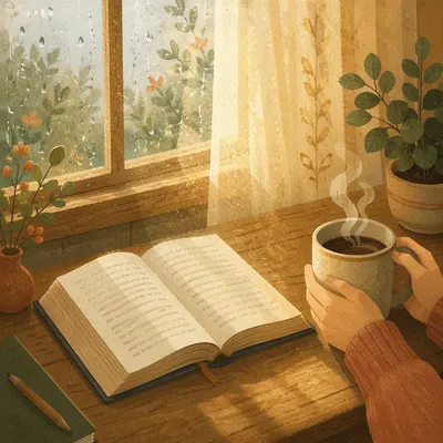 Morning Bible and Coffee by Rainy Window