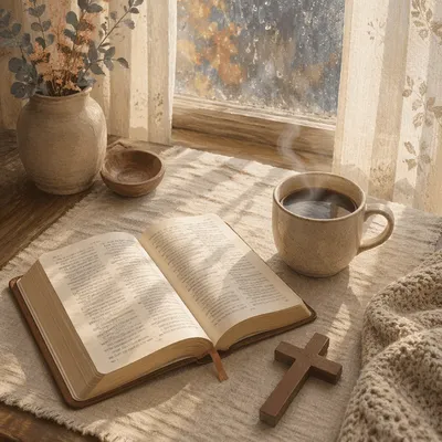 Morning Bible Devotion by Rainy Window