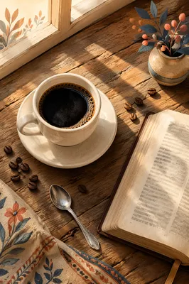 Coffee Cup and Open Bible by Window